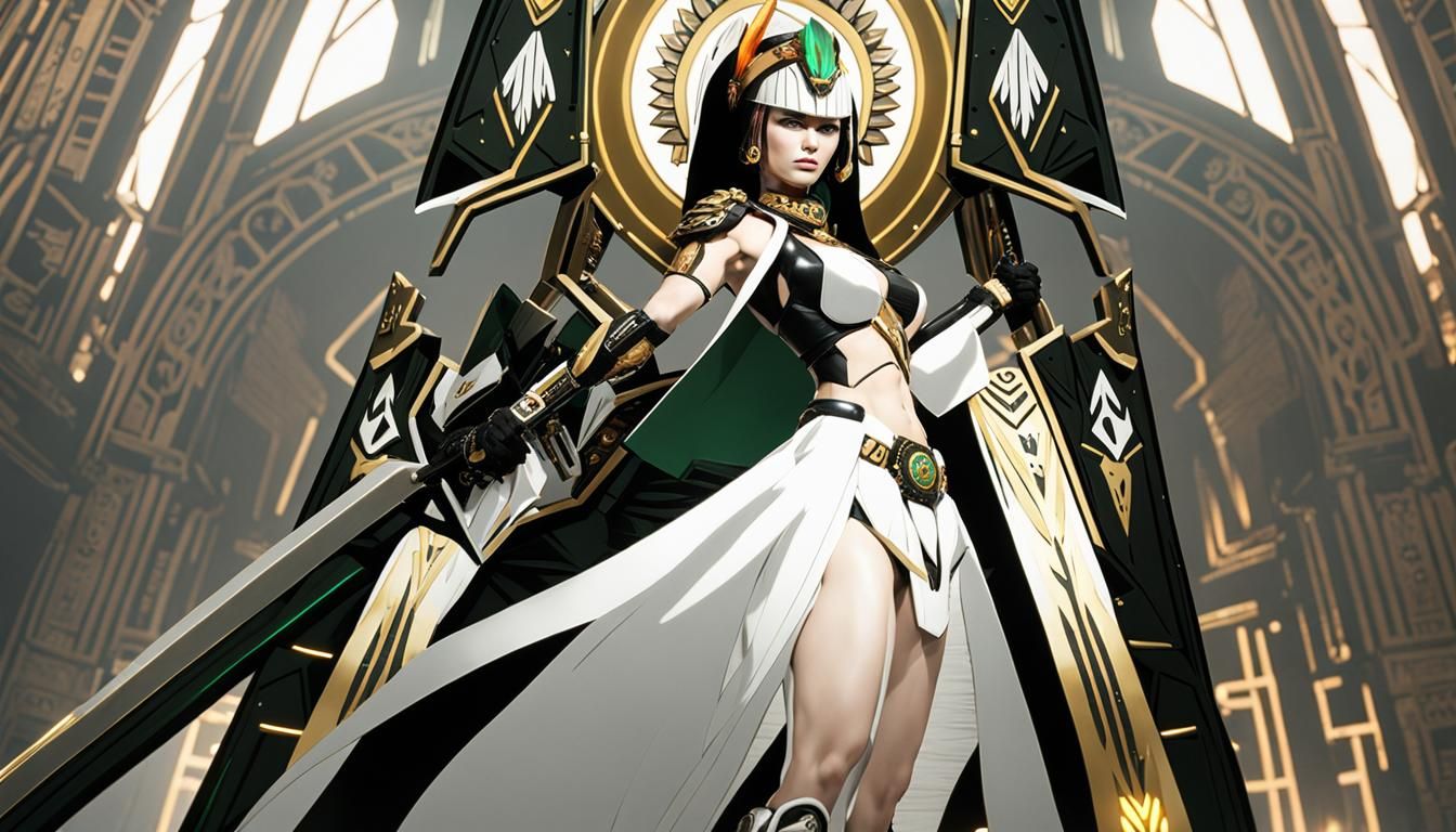 Aztec Warrior Woman with Flaming Sword in Cyberpunk Style