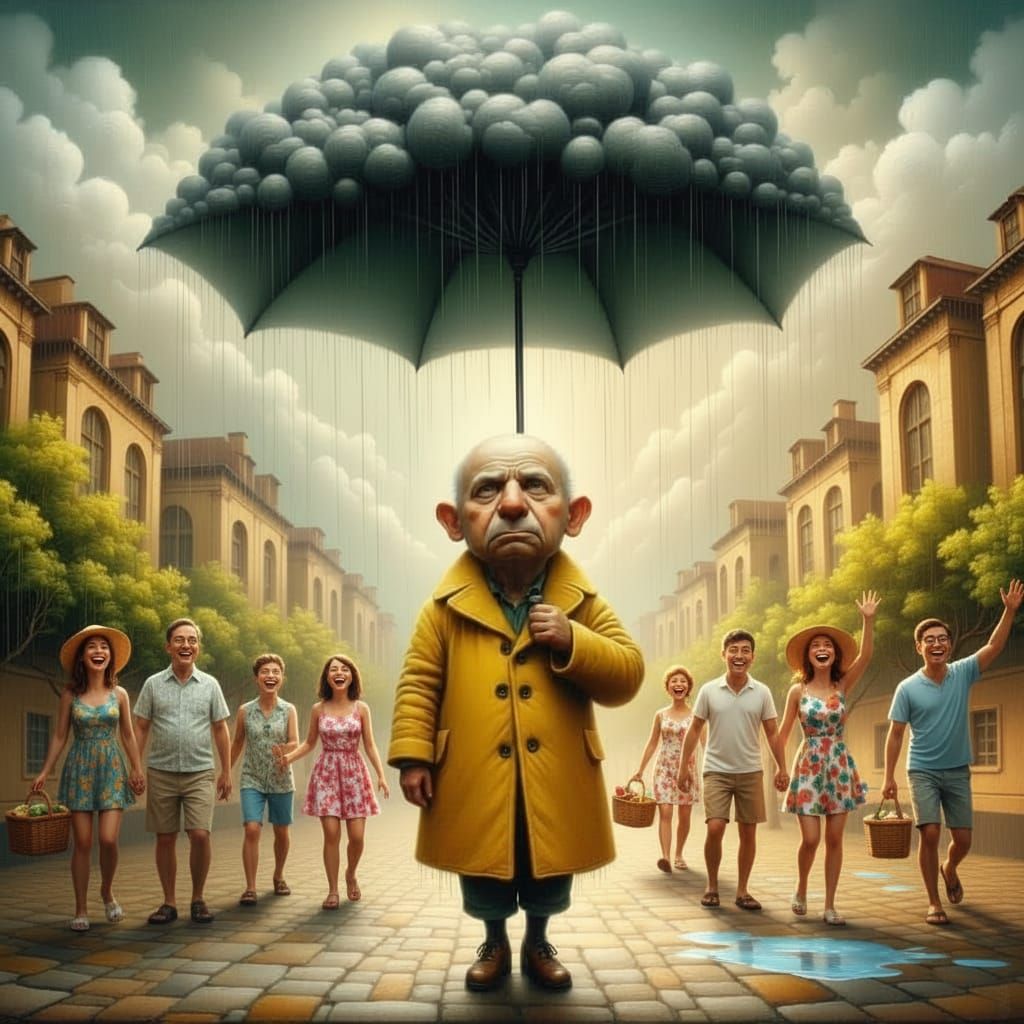 Humorous Surreal Scene of a Lonely Man in Rain