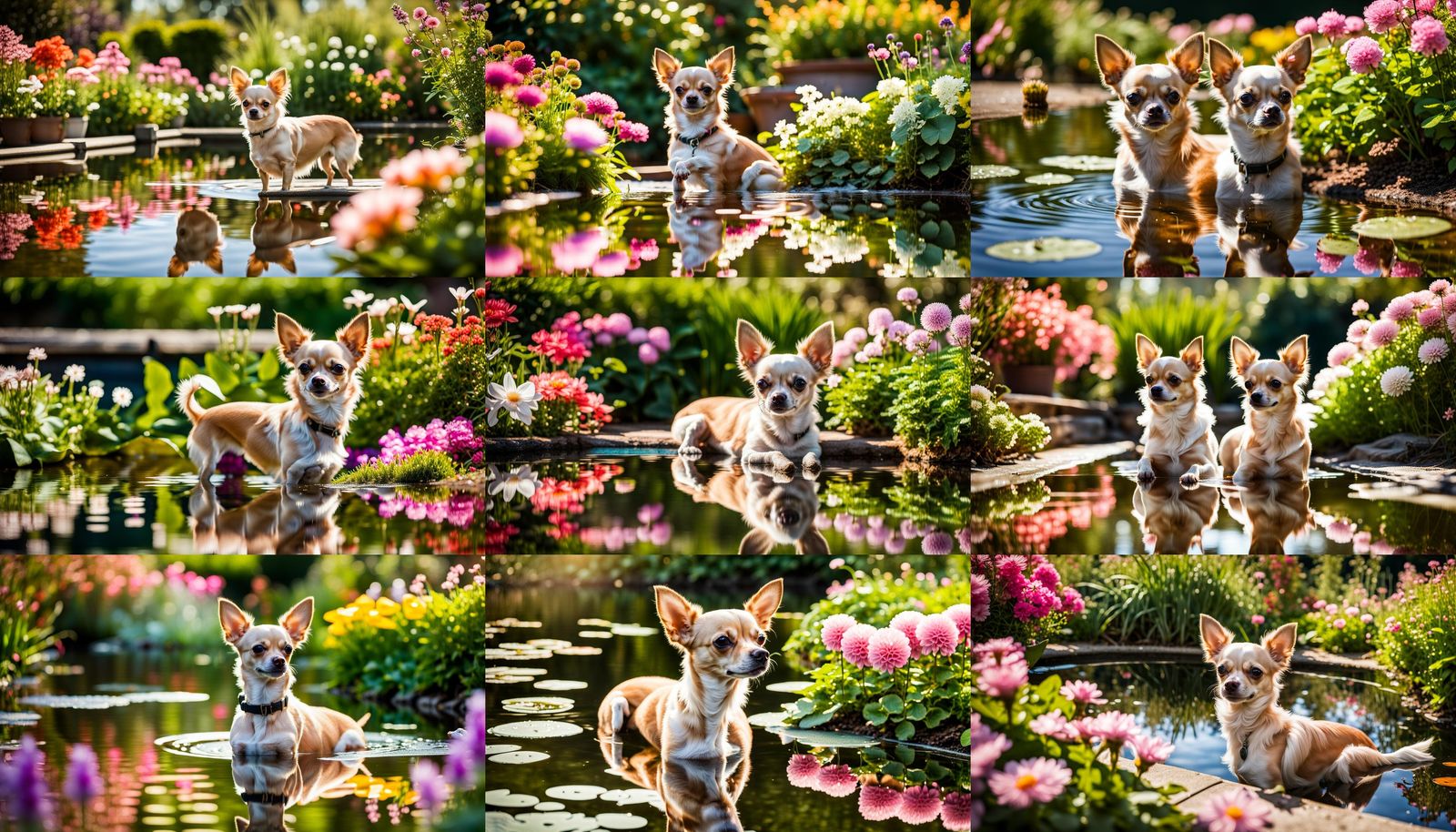 Chihuahua Admiring Reflection in Sunny Garden Pond