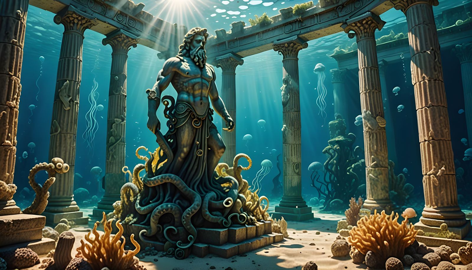 Submerged Poseidon Statue Among Greek Ruins