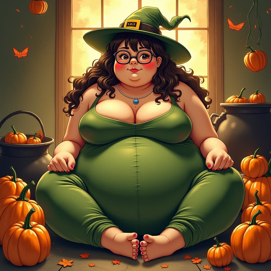 Chubby Anime Woman in Halloween Scene