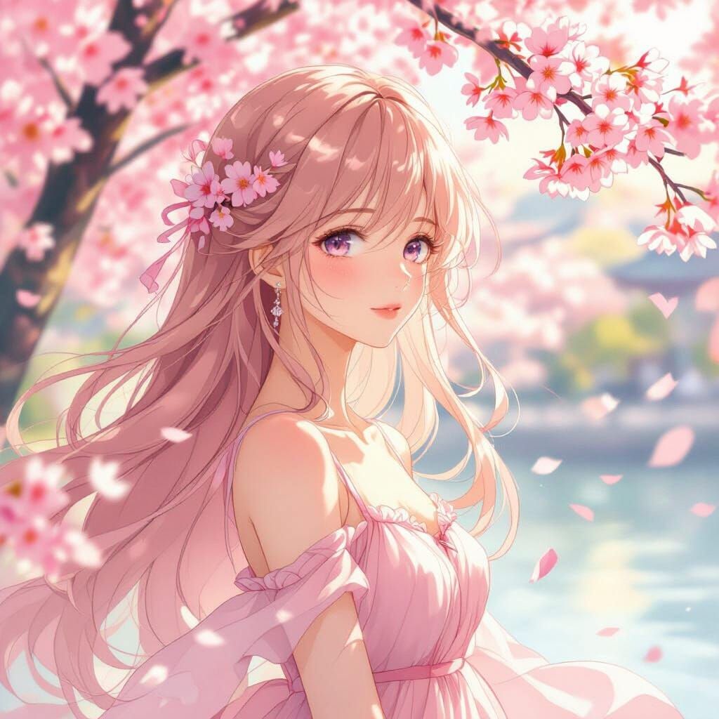 Anime Girl Portrait with Cherry Blossoms