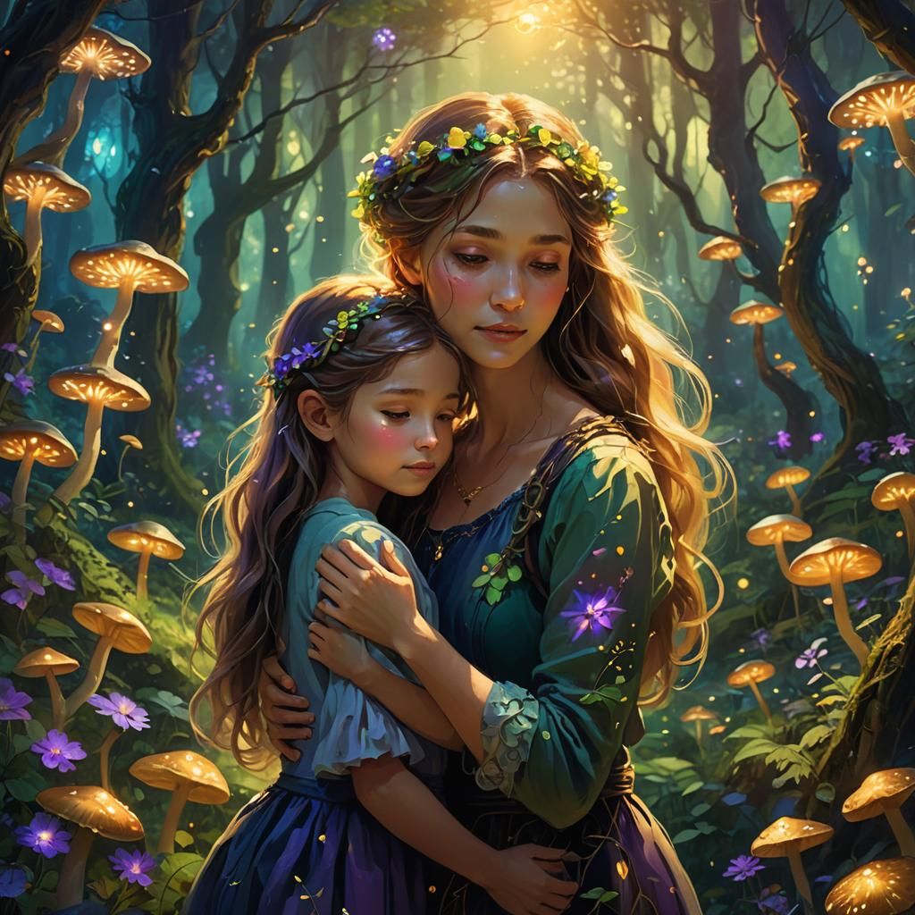 Enchanted Forest: Mother and Daughter Embrace in Fantasy Art