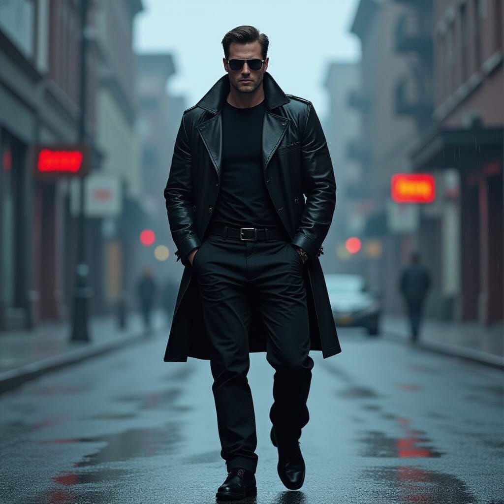 Matrix Man in Desolate Street: Neo-Noir Digital Art