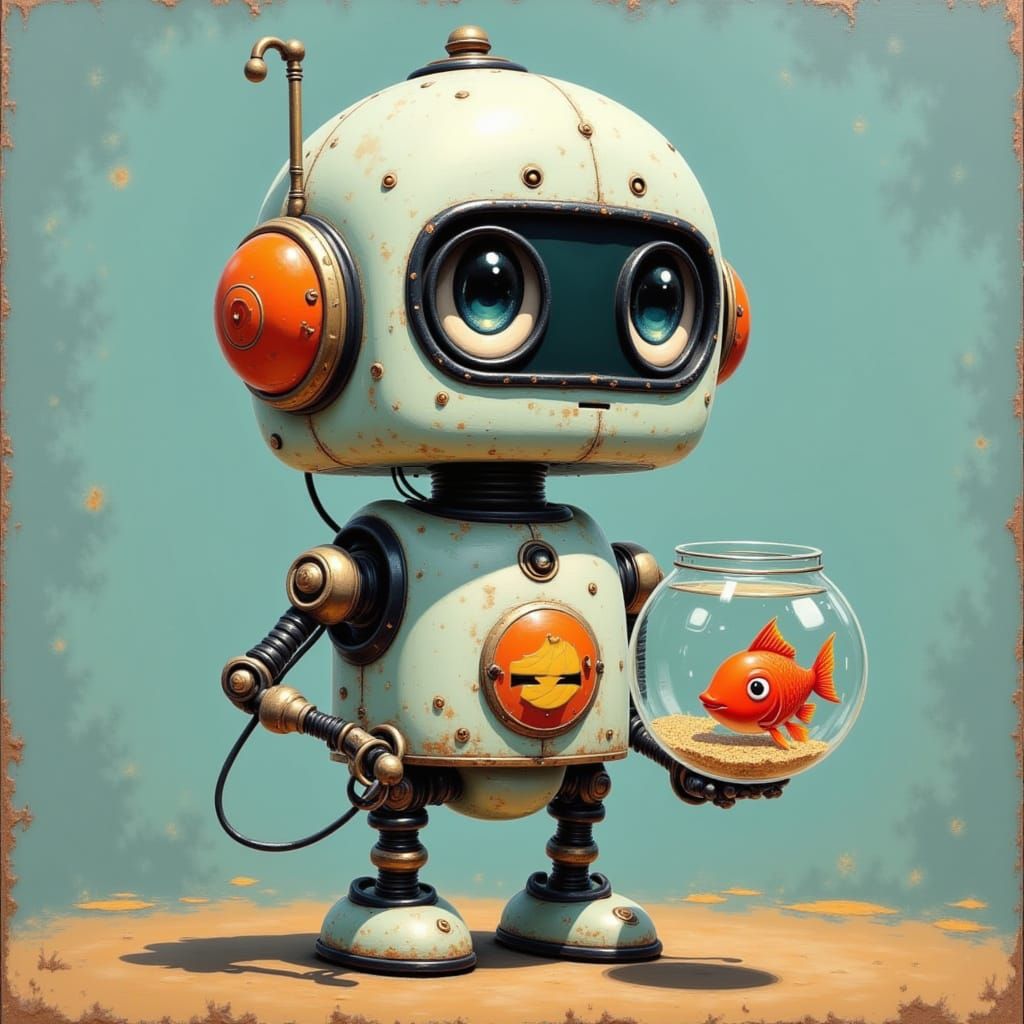 Cute Robot Holding a Fishbowl