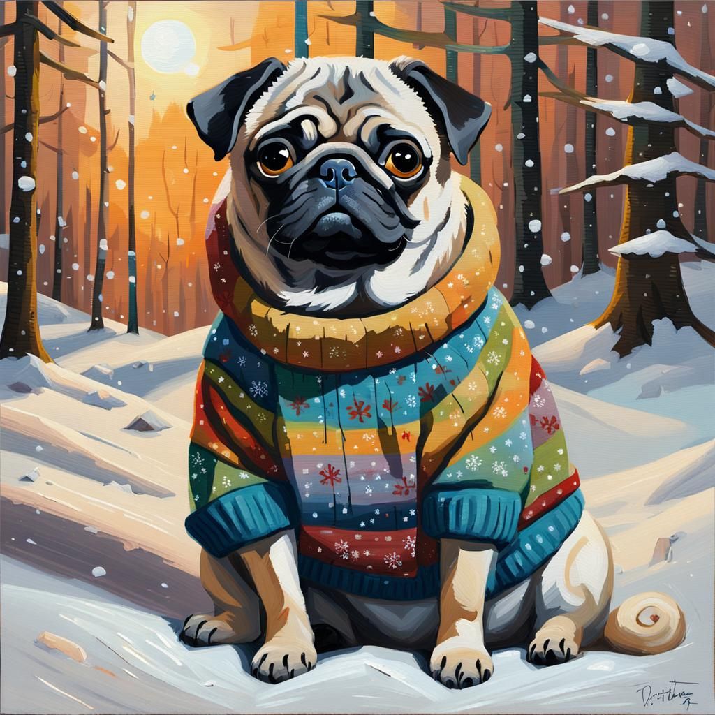 Pug in Snowy Forest, Fauvist Oil Painting