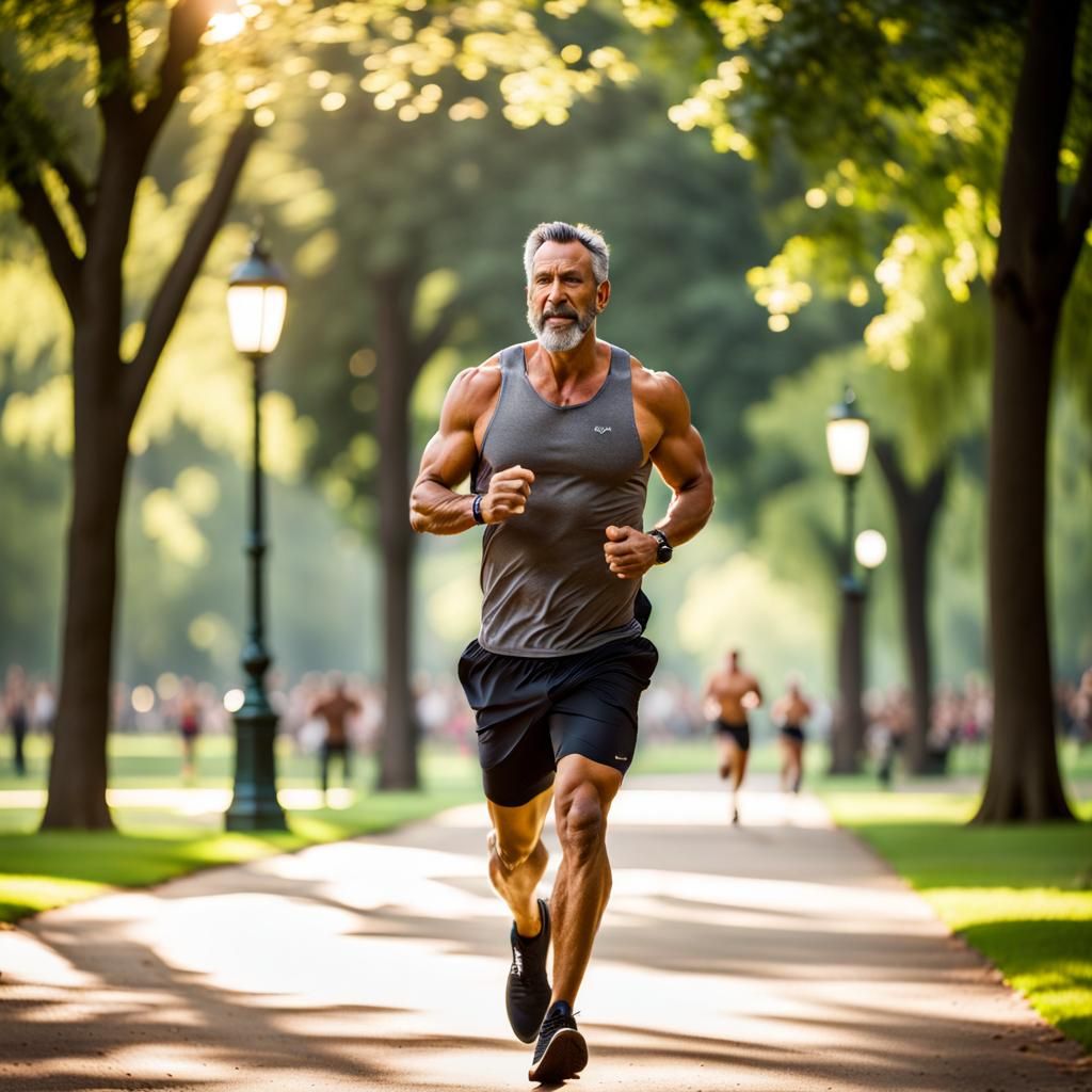 Handsome Man Runs Shirtless in Park: Photography