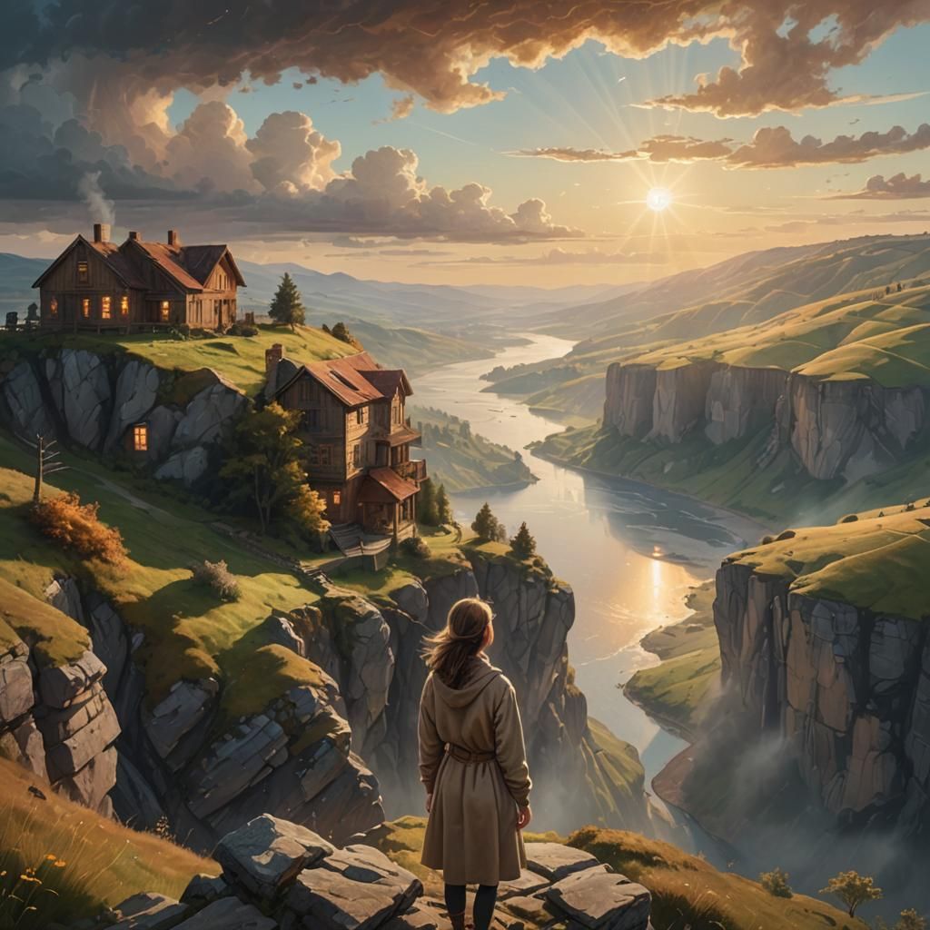 Serene Landscape with Rustic House in Distance