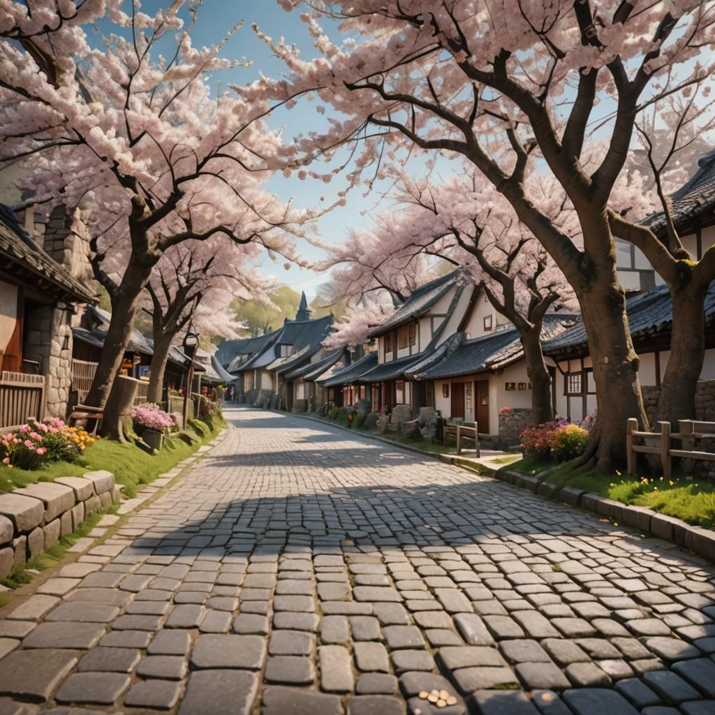 Blossom-Lined Stone Bridge to Rustic Village