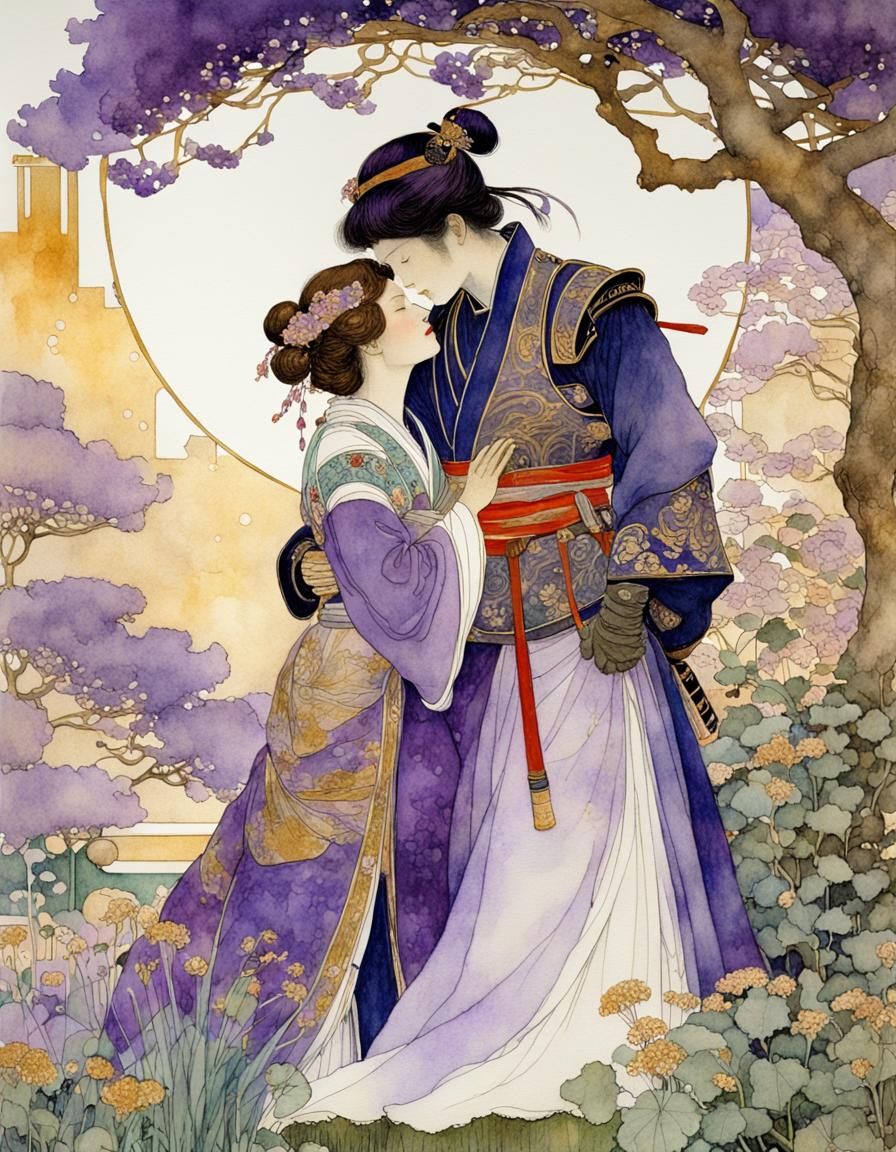 Noblewoman and Samurai Embrace: Art Nouveau Watercolor