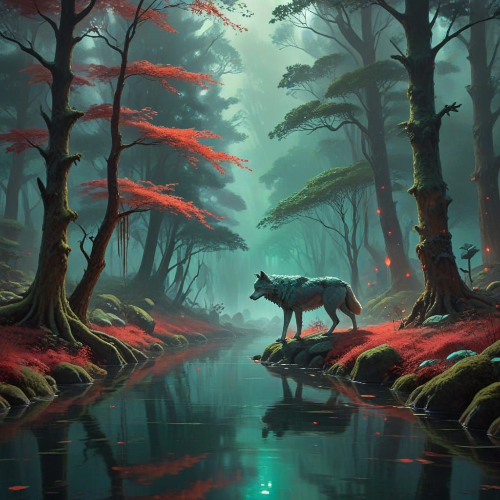 Princess Mononoke in Ancient Forest with Wolf Companions