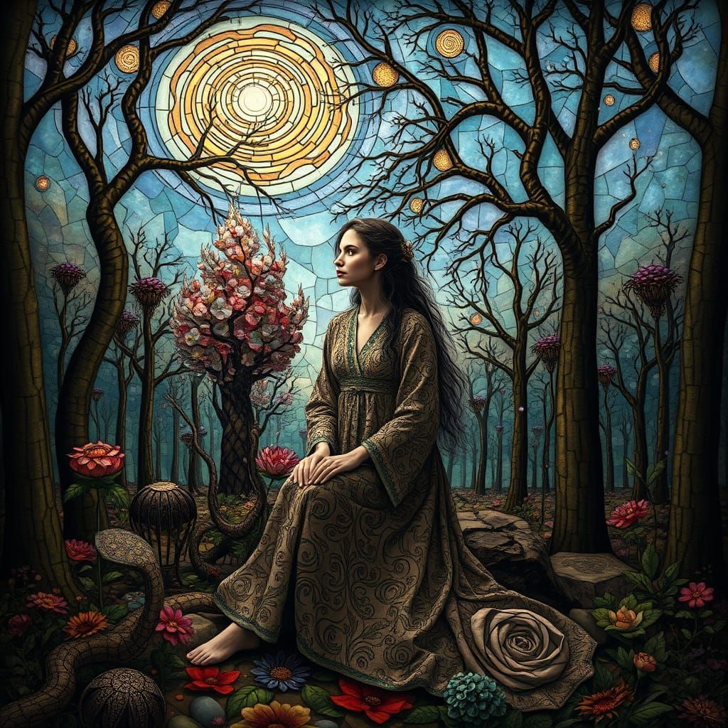 Surreal Forest Figure in Stained Glass Landscape