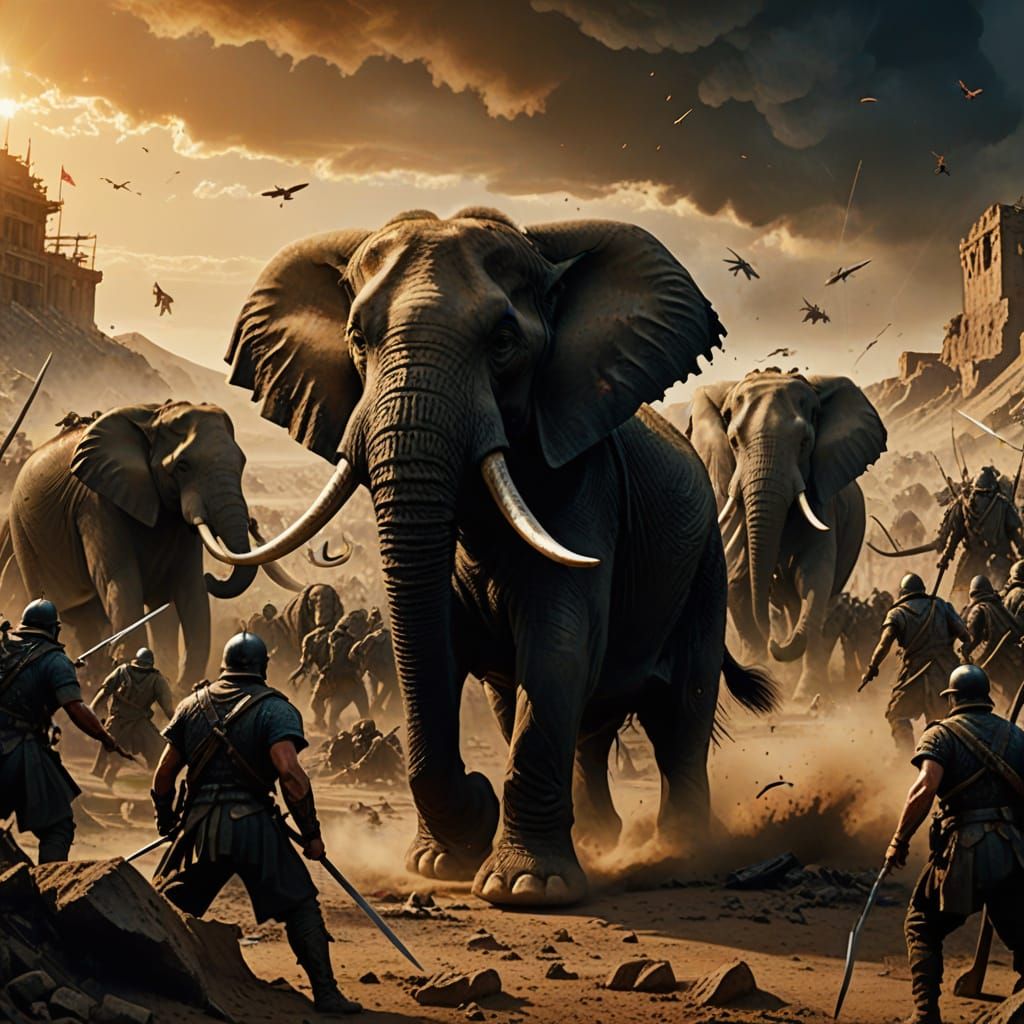Warriors Clash with Majestic War Elephants in a Chaotic Medi...