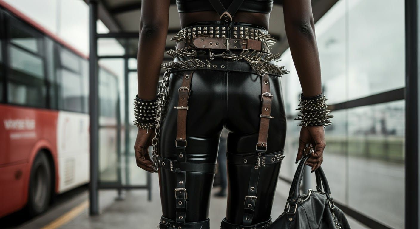 Woman in Leather at Bus Stop: Cinematic Film Still