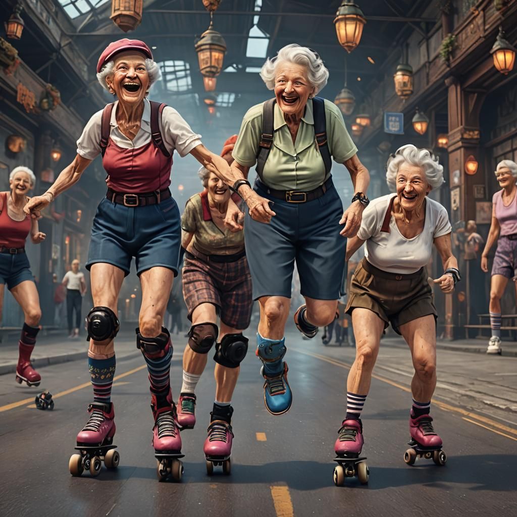 Smiling Old Ladies on Roller Skates