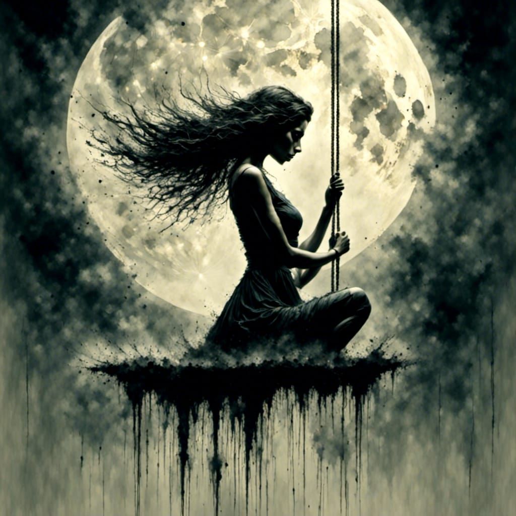 Melancholic Woman on Swing Under Moonlit Sky