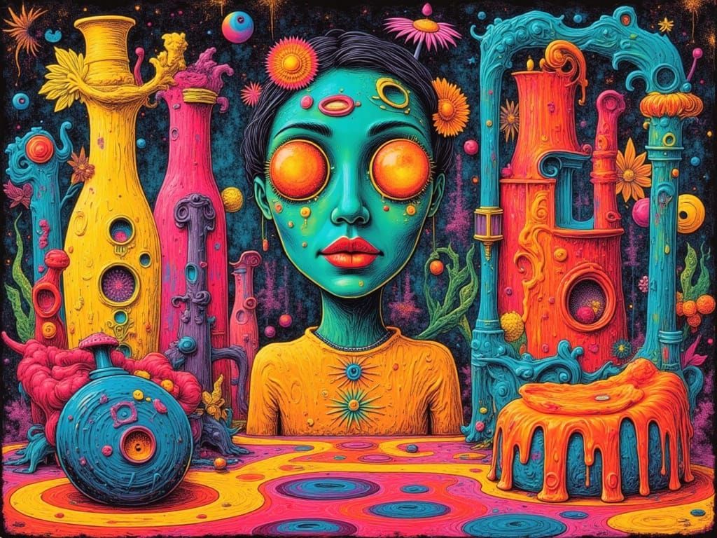 Vibrant Surrealist Dreamscapes in Retro Pop Art Style