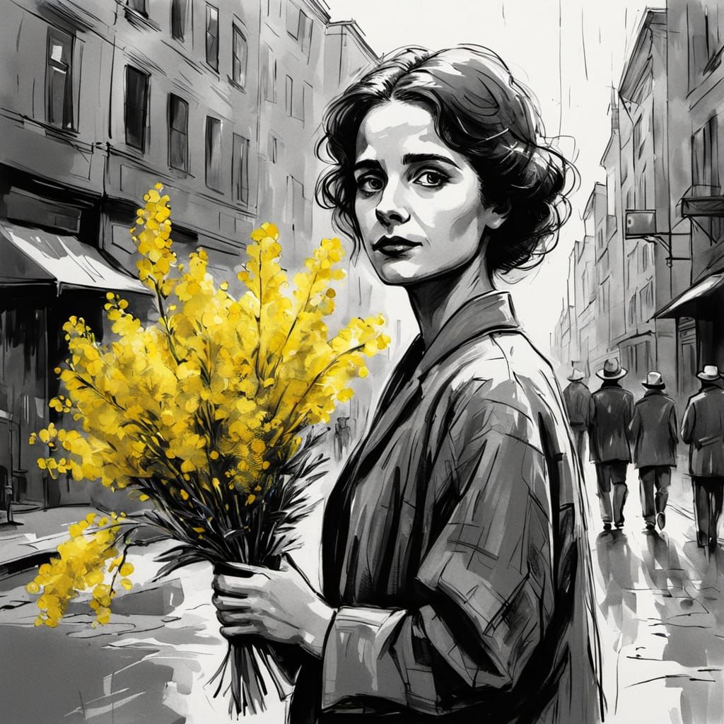 Woman With Yellow Flowers: Expressive Sketch Art