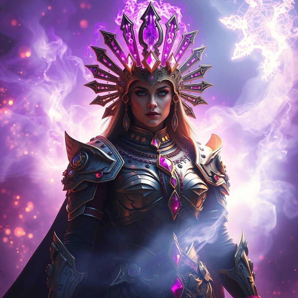 Regal Warrior-Priestess Channeling Cosmic Power in Vibrant,...