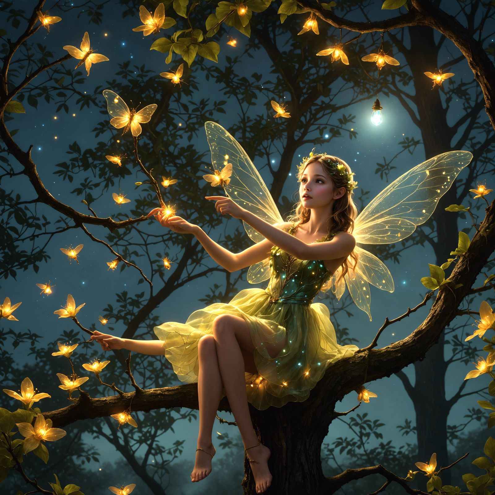 Glowing Fairy with Firefly in Fantasy Landscape