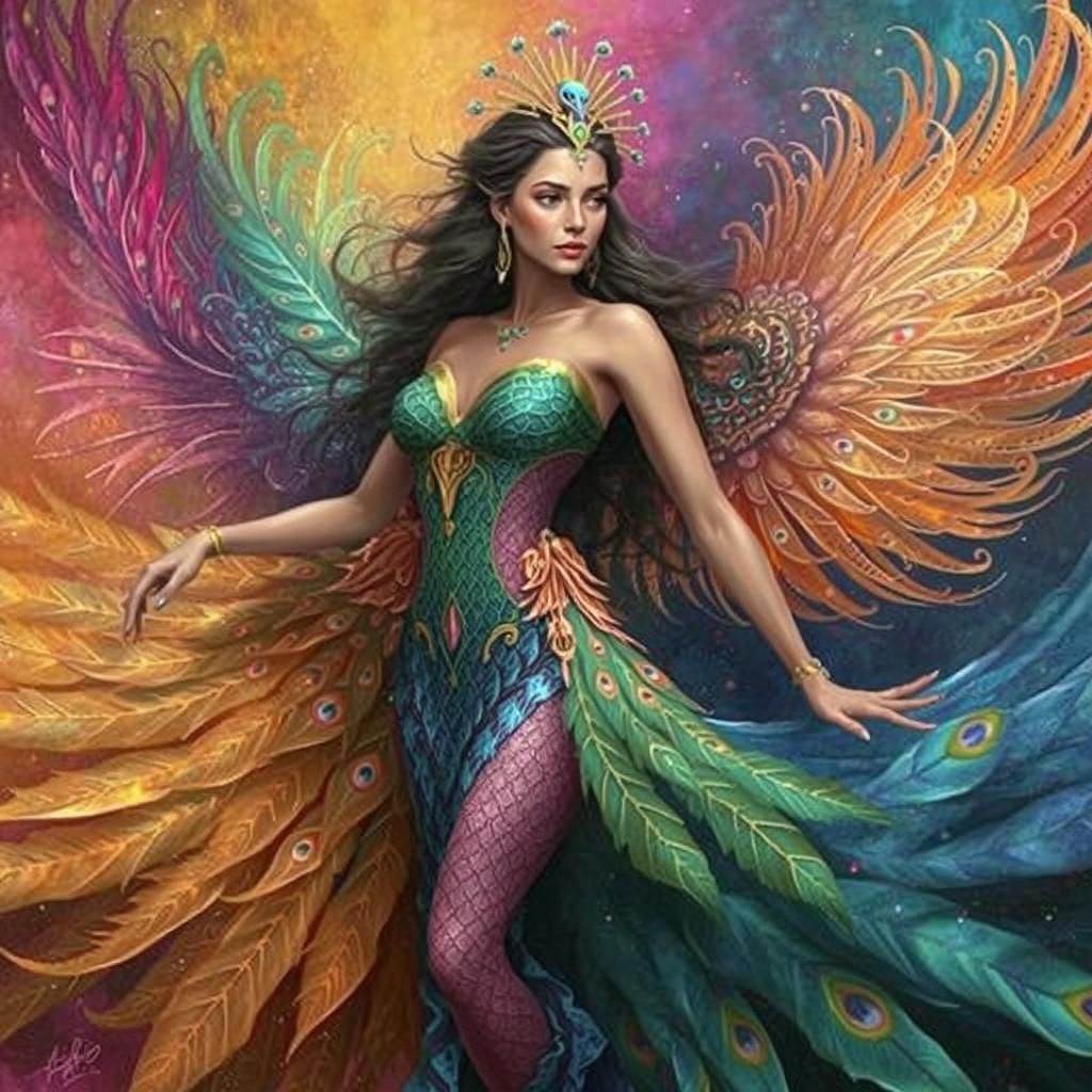 Dragon Peacock Woman in Vivid Digital Painting
