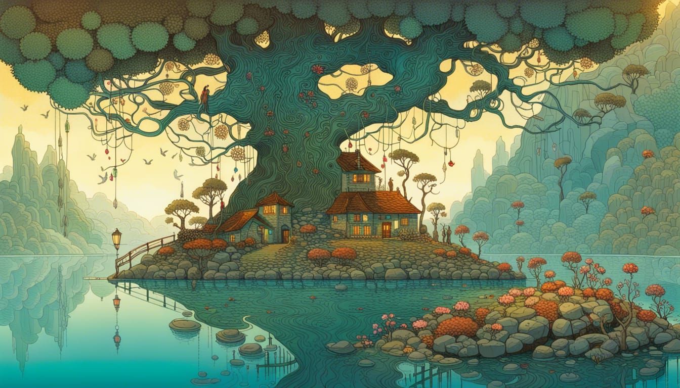 Surreal World Landscape with Floral Tree