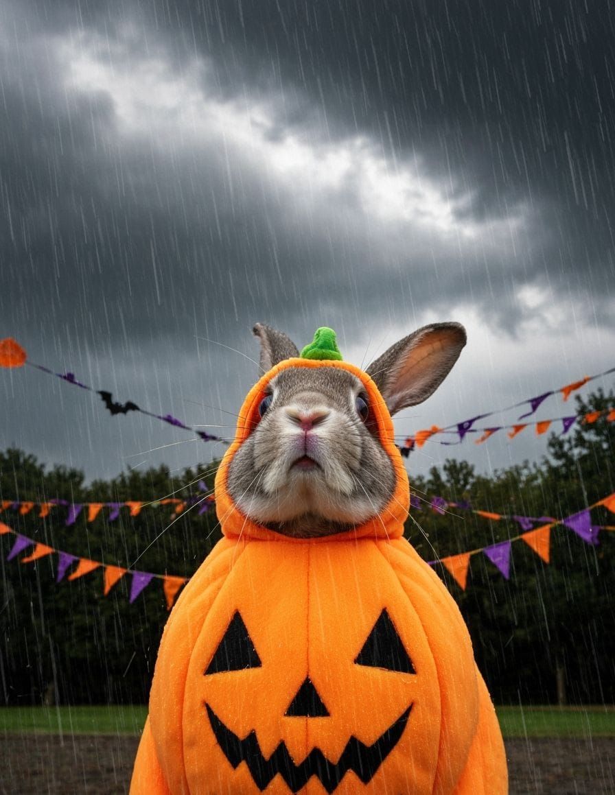 Soggy Rabbit in Pumpkin Costume Amidst Halloween Downpour