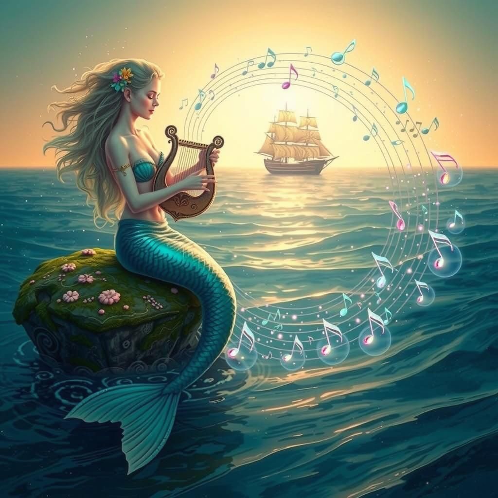 Siren's Song: Mermaid with Lyre in Dreamy Gurney Style