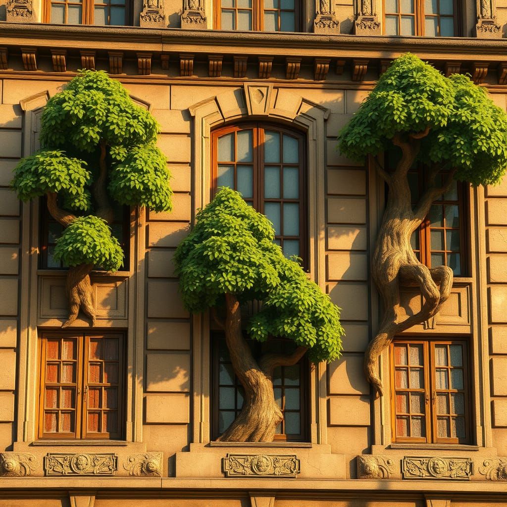 Whimsical Building with Trees, Miyazaki-esque Style