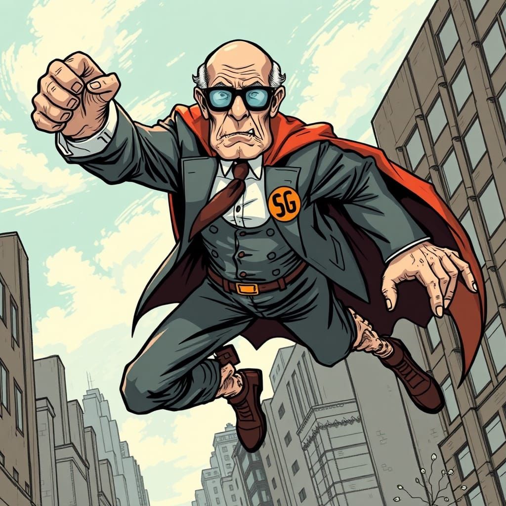 SuperGrandpa, a balding eightyish gentleman in a cape and the initials "SG" on his suit, flying through the city catchin...