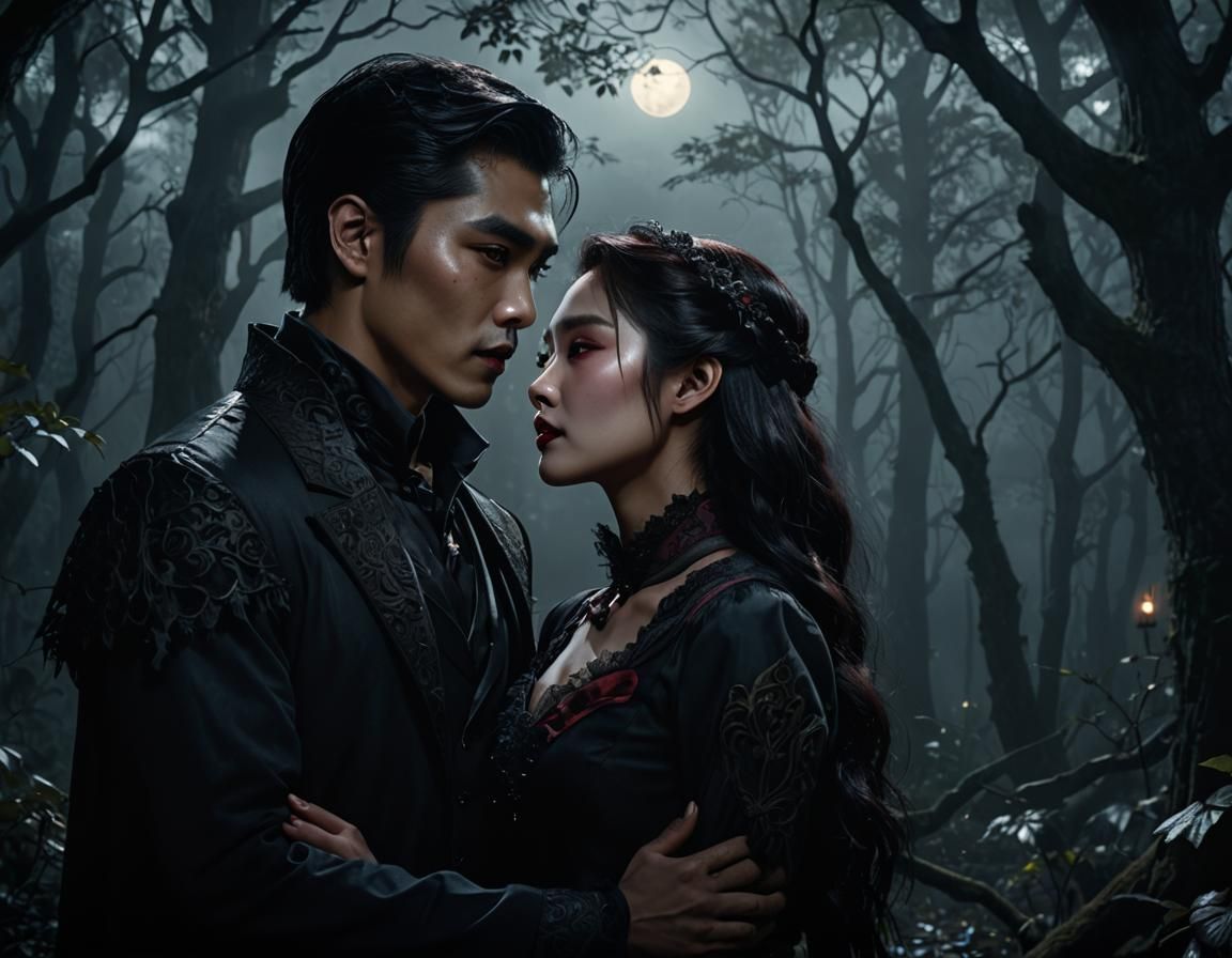Asian Vampire Couple Embrace in Misty Forest