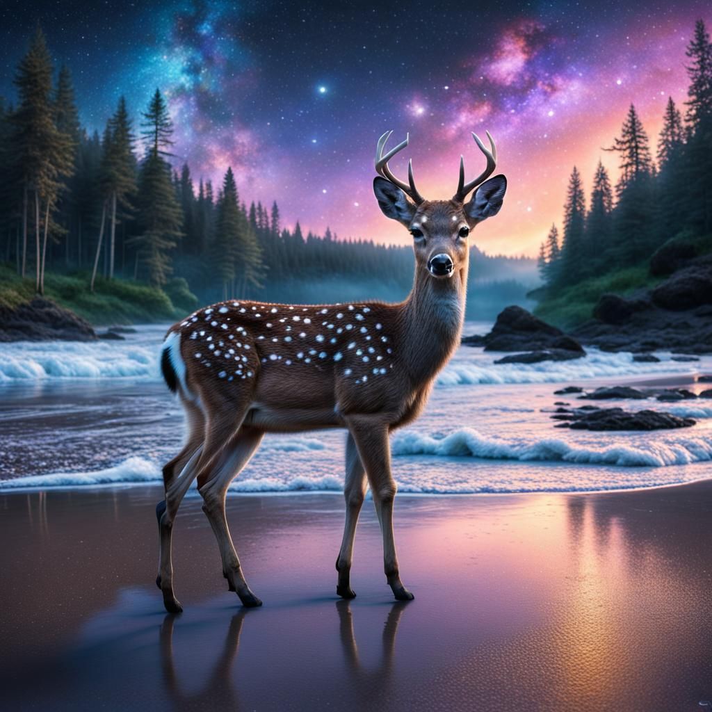 Baby Deer on Beach with Galaxy Sunset