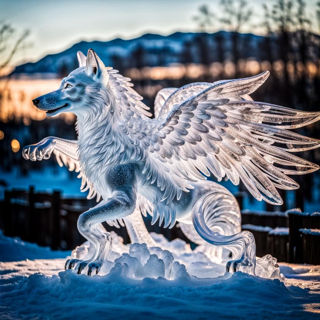 Winged Wolf Ice Sculpture in Hyperdetailed Detail