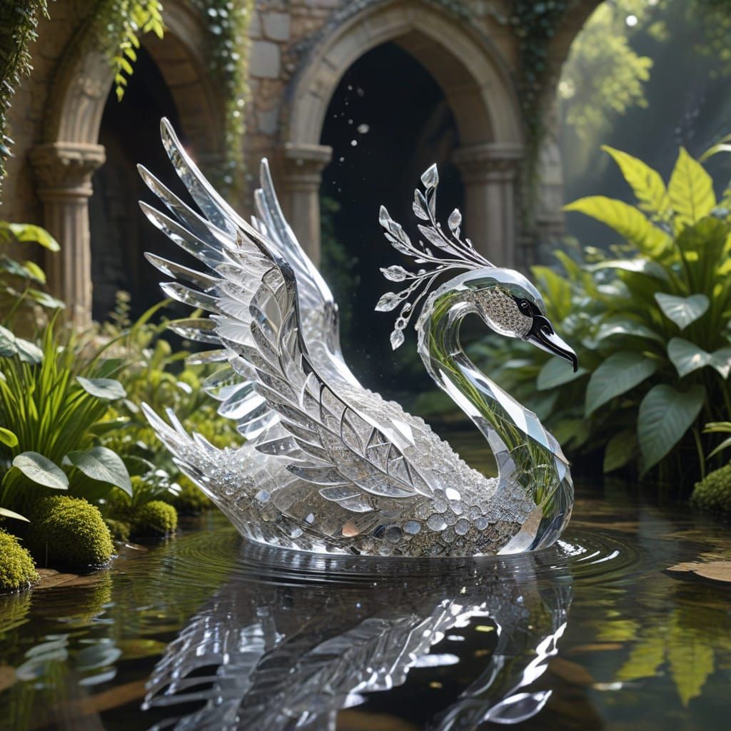 Sparkling Crystal Swan in Garden Ruins