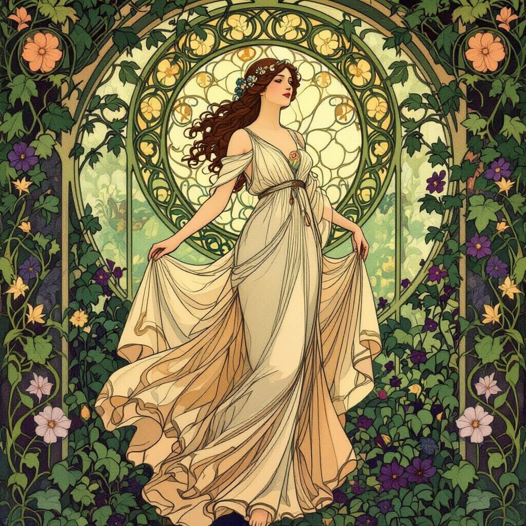 Art Nouveau Woman in Flowing Gown Amongst Nature