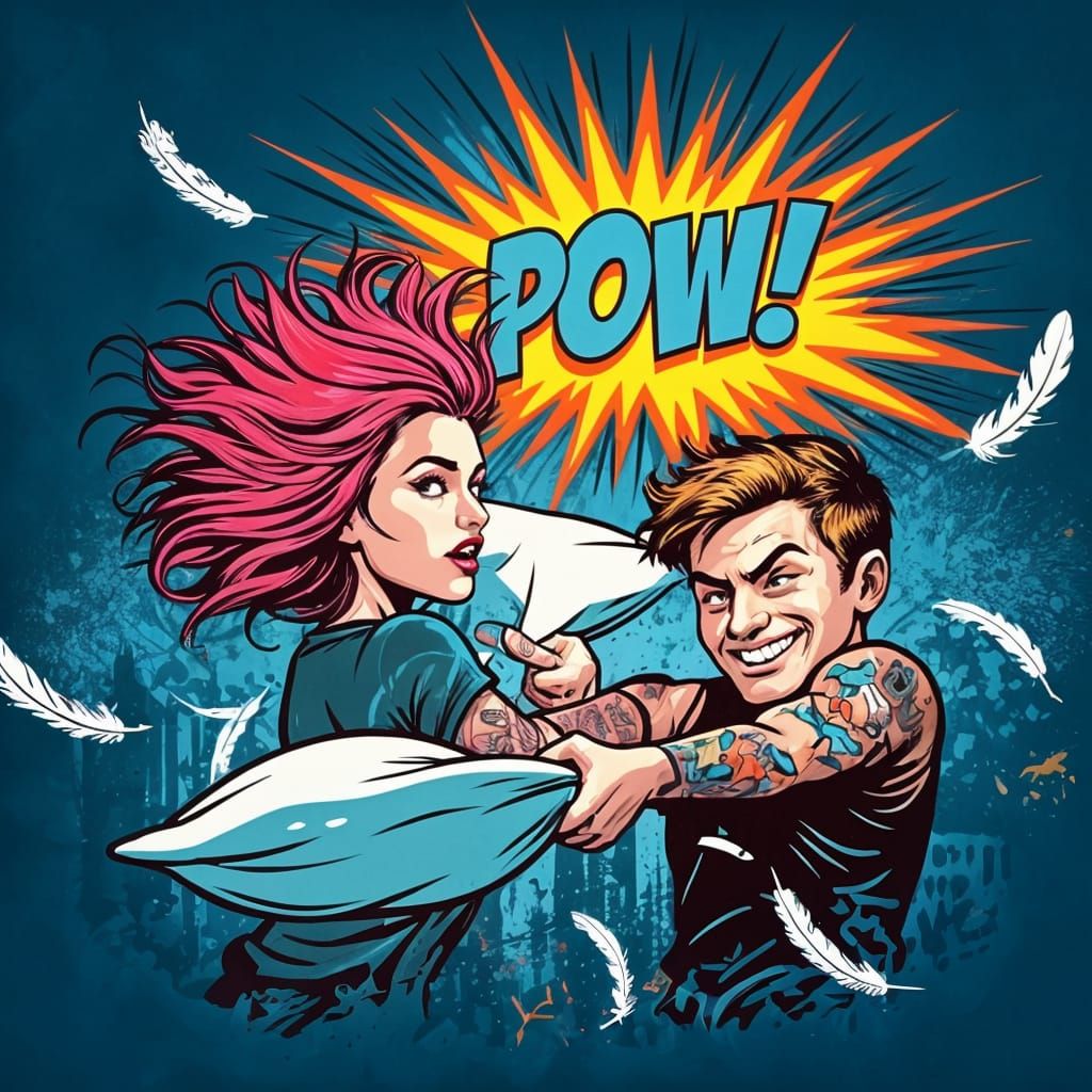 Vibrant Pop Art Pillow Fight Scene in 3D