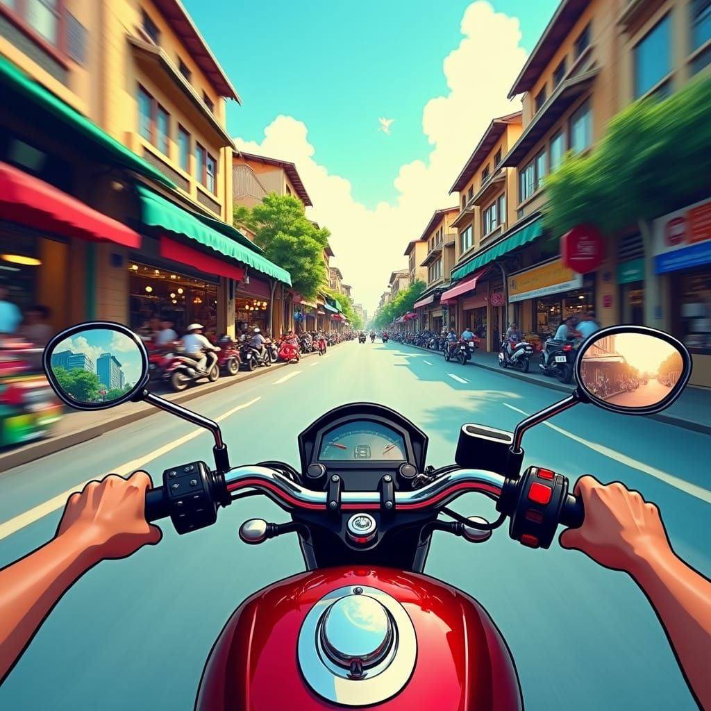 Saigon Motorbike Ride in Anime Key Visual Style
