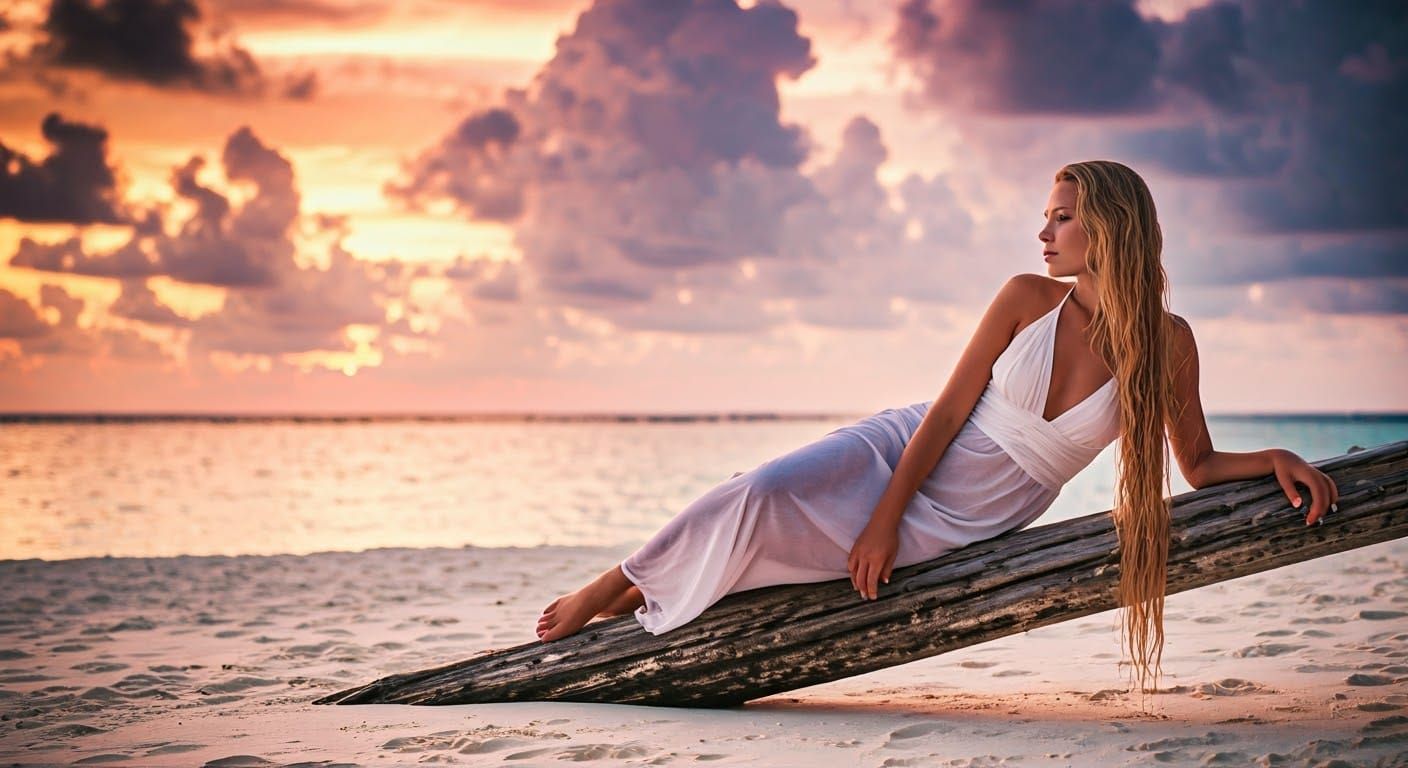 Woman in White Gown on Maldives Beach