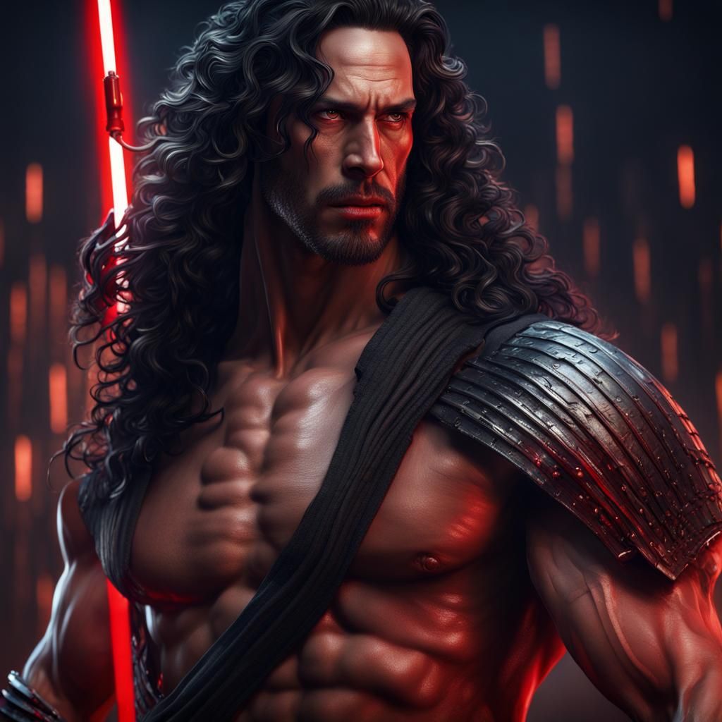 Muscular Warrior with Red Lightsaber in Detailed Matte Paint...