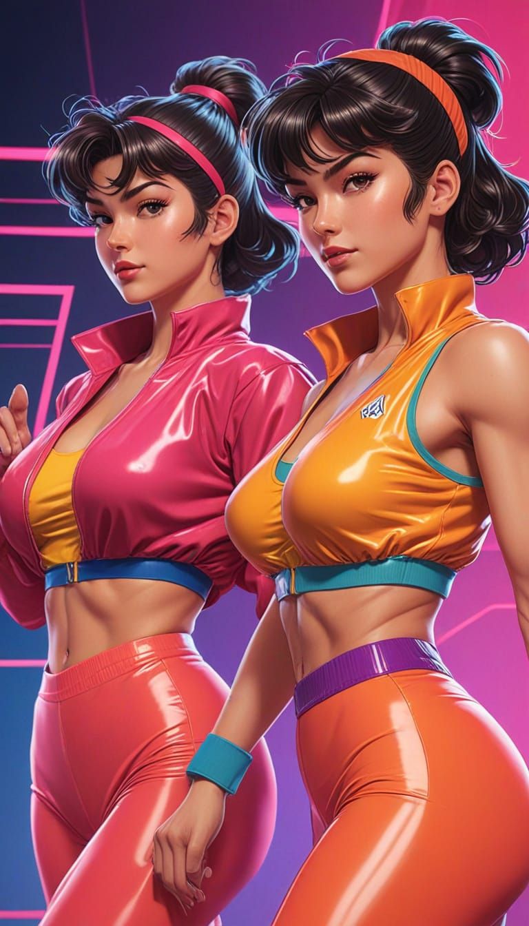 Two Women in 80s Aerobics Gear Strike Dynamic Poses