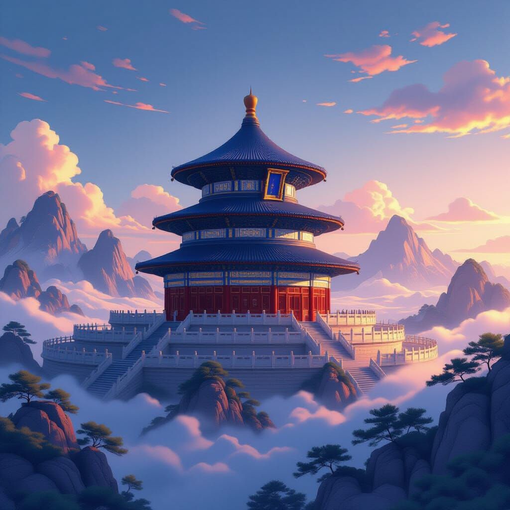 Floating Mountain Temple in Ethereal 3D Anime Style