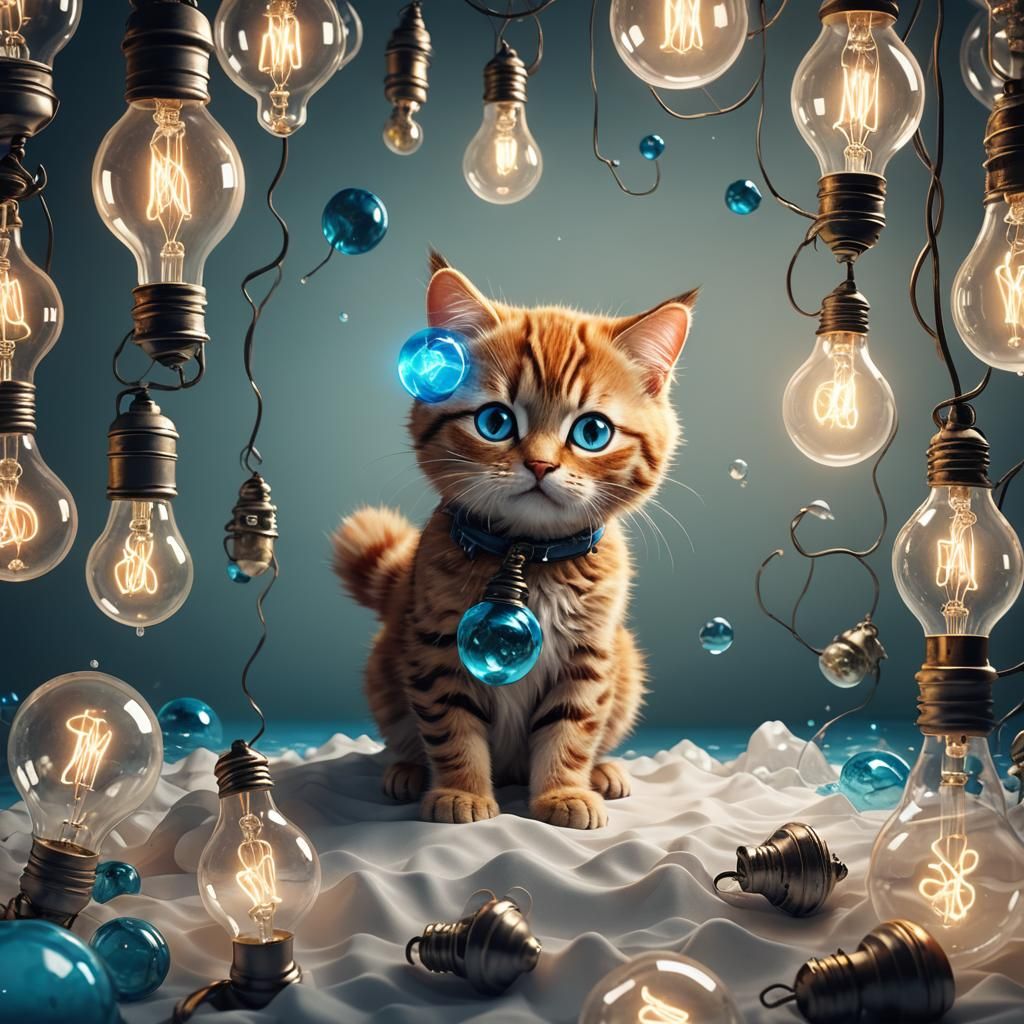 Cute Cat Trapped in Lightbulb: Detailed Digital Painting