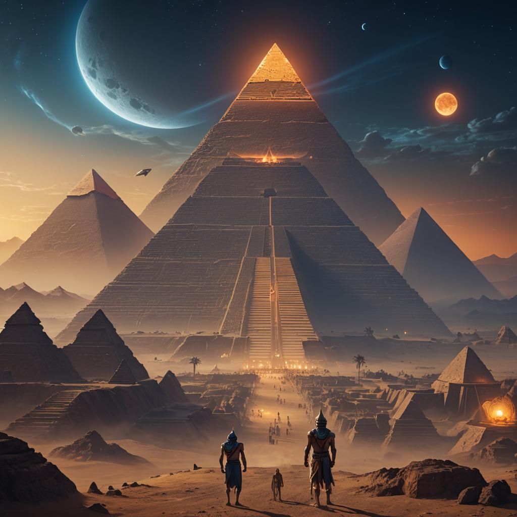 Anunnaki Pharaoh at the Pyramids on a Moonlit Night