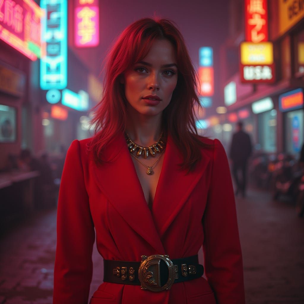 Retro Cyberpunk Mechanic in 90s Neon Landscape