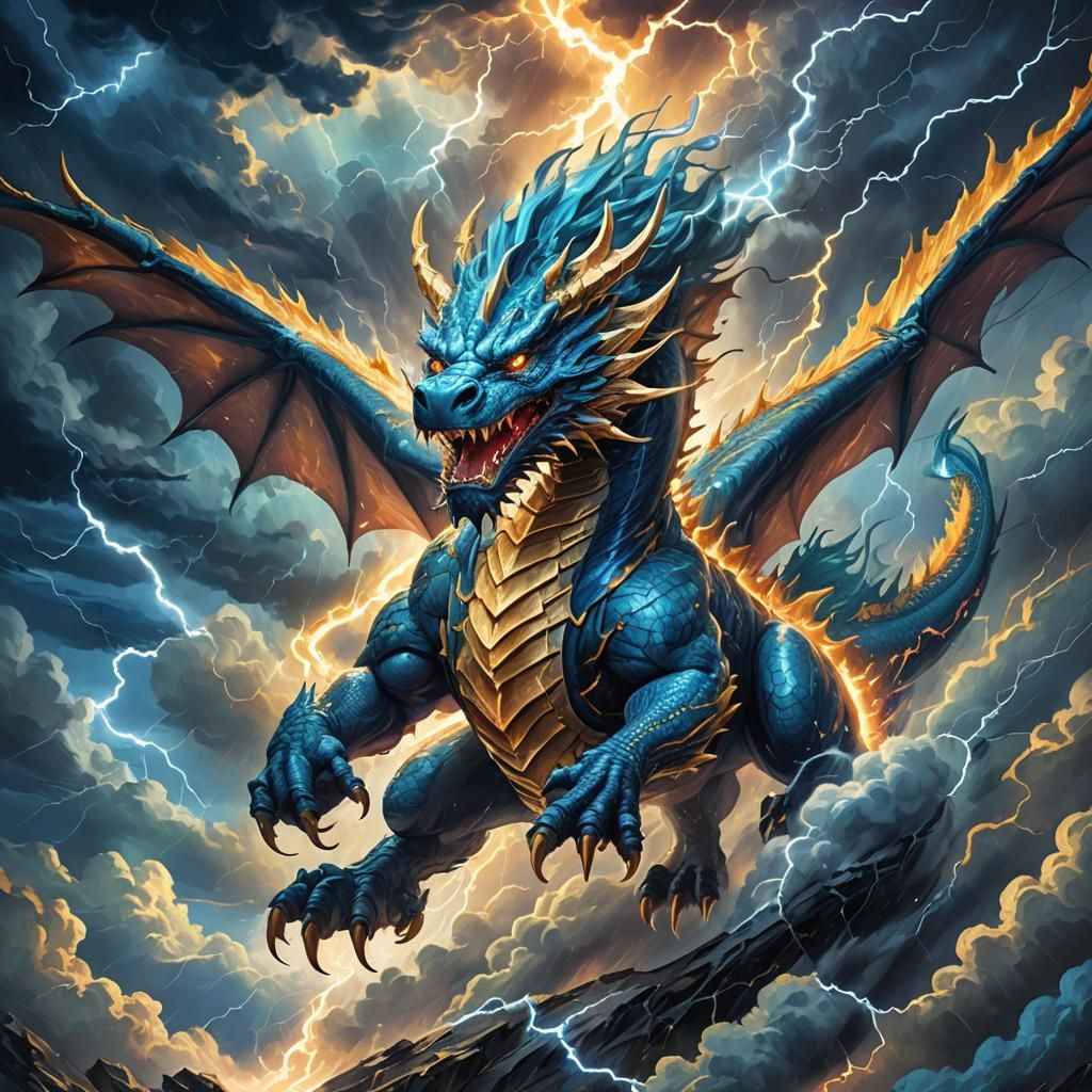 Mythical Dragon Soars Through Electric Blue Storm