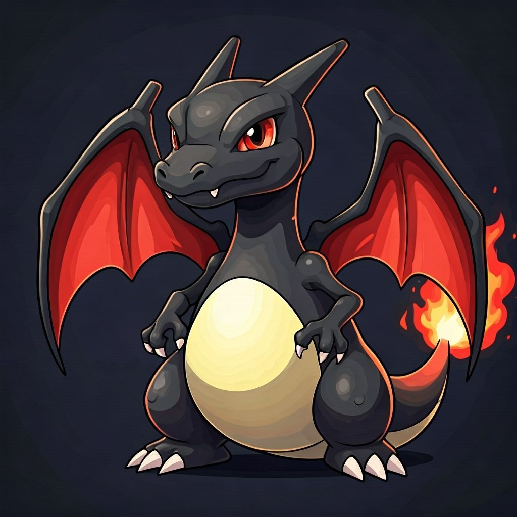 Cartoon Chibi Black Charizard in Vibrant Style
