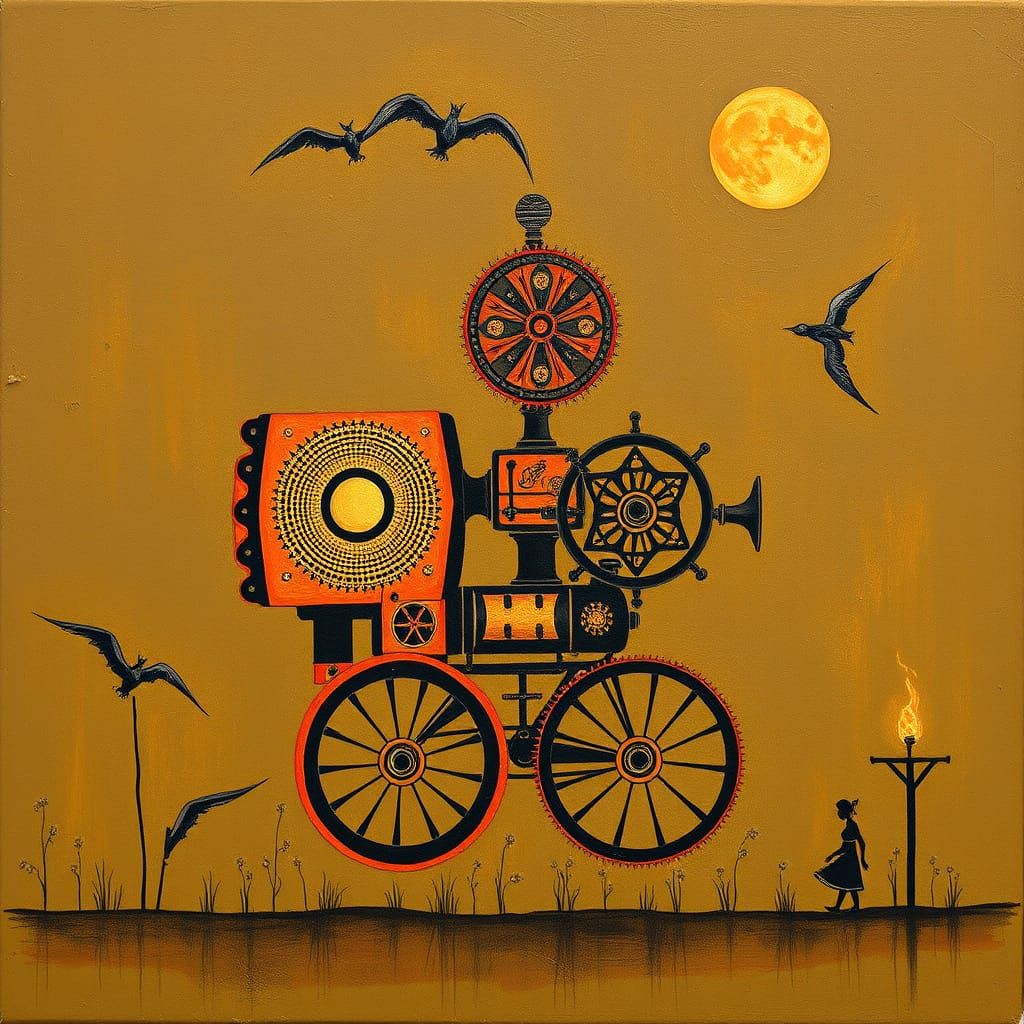 Warli Painting Style Steampunk Engine
