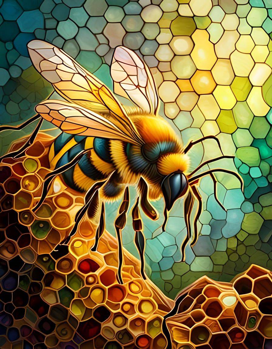 Iridescent Stained Glass Bee on Honeycomb