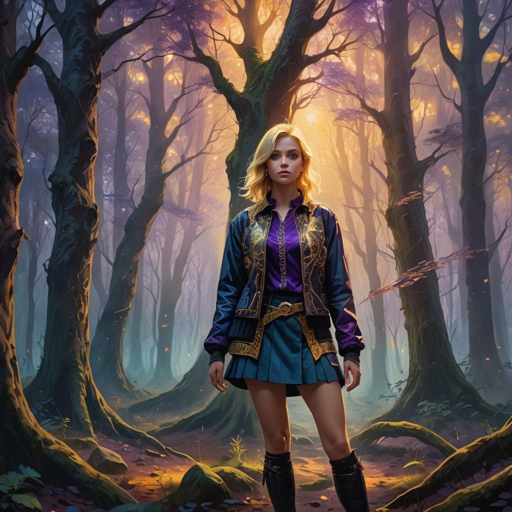 Mystical Forest: Blonde Woman in Vibrant Oil Painting
