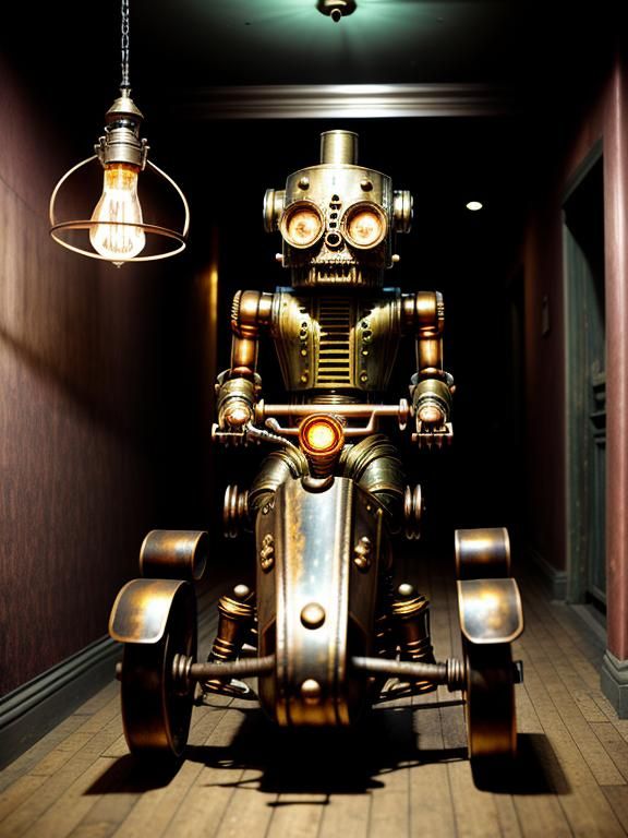 Steampunk Robot Boy on Big Wheel in Victorian Hotel